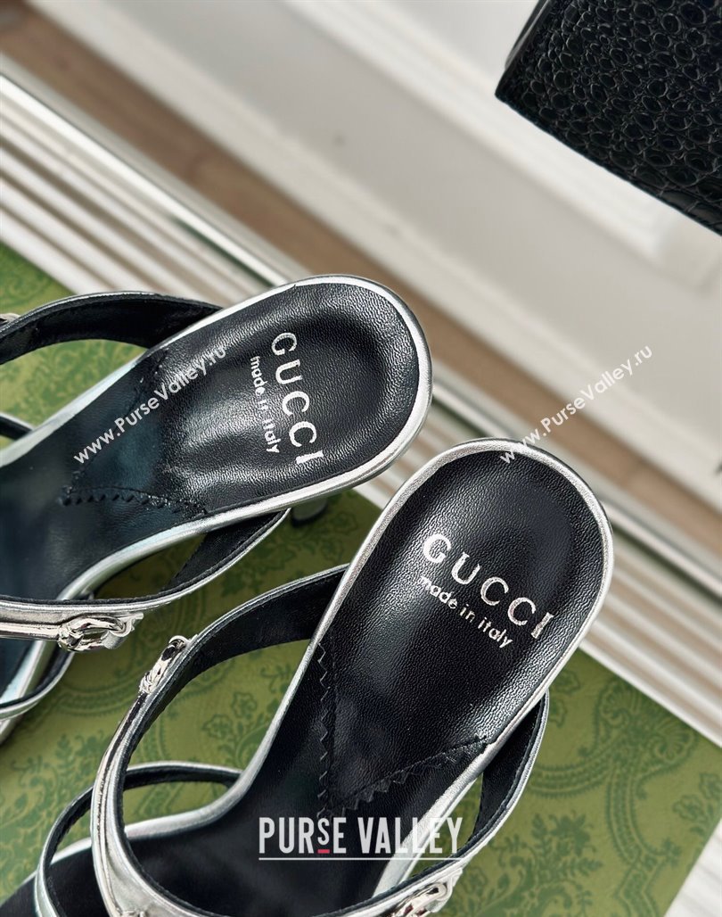 Gucci Slim Horsebit Leather Heel Slide Sandals 9.5cm Silver 2024 (MD-240228016)