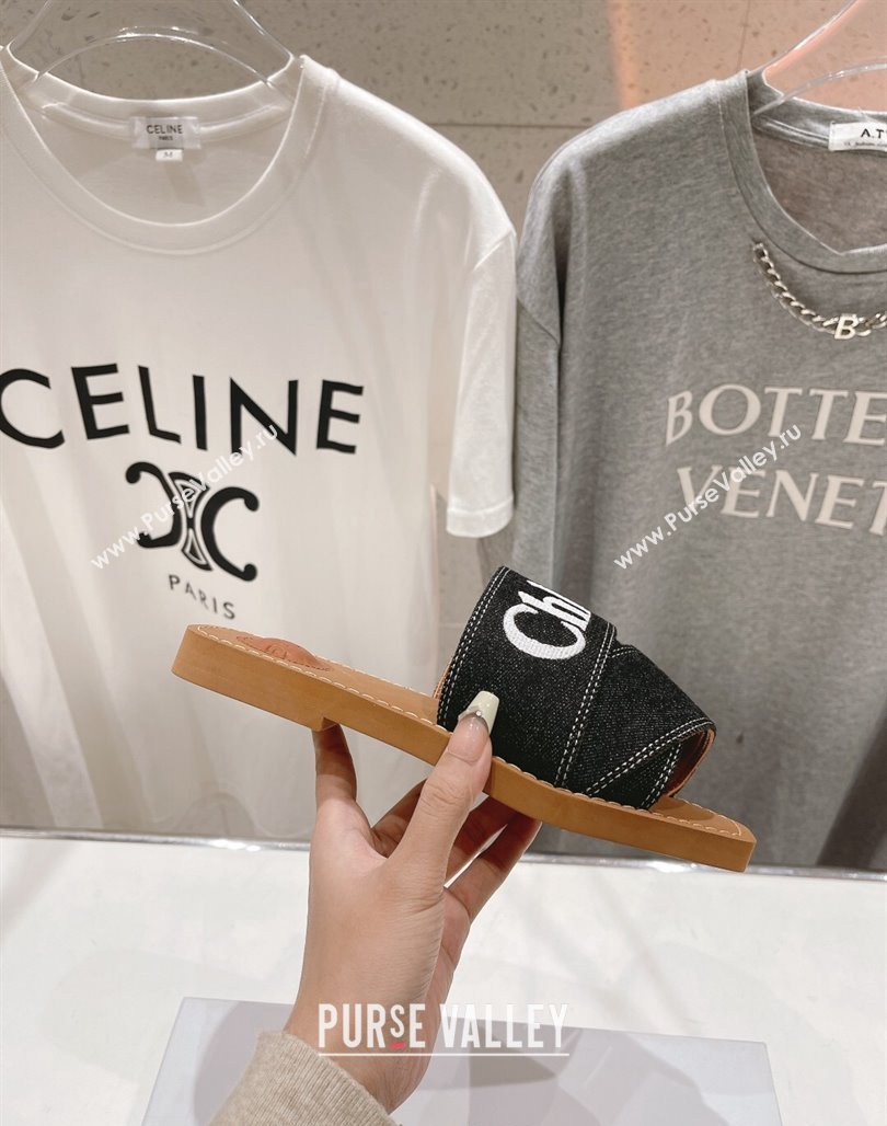 Chloe Woody Flat Slide Sandals with Embroidered Strap Denim Black/White 2 2024 (MD-240227124)