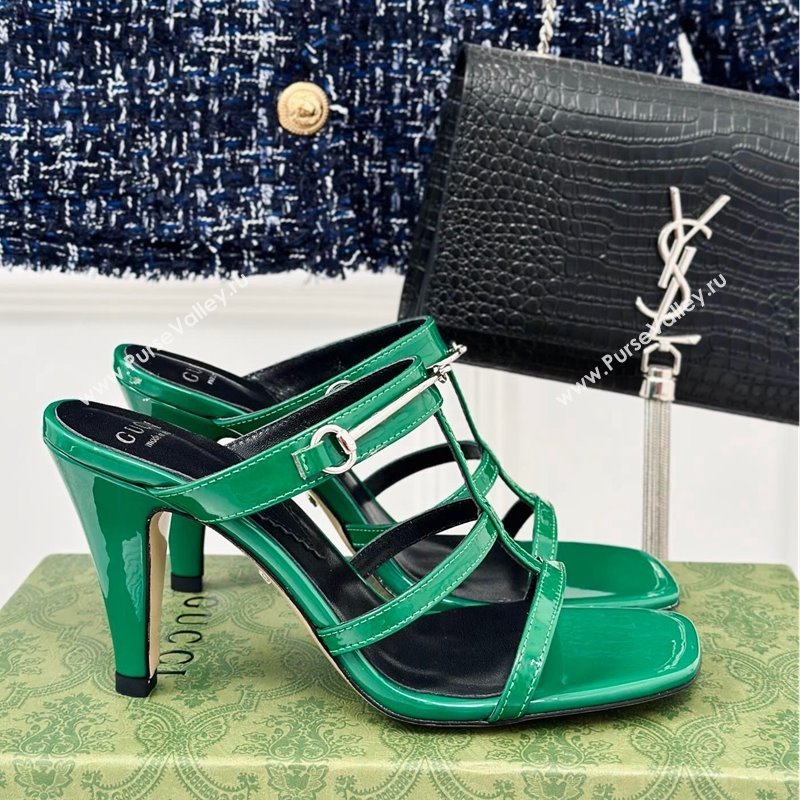 Gucci Slim Horsebit Leather Heel Slide Sandals 9.5cm Green 2024 (MD-240228018)