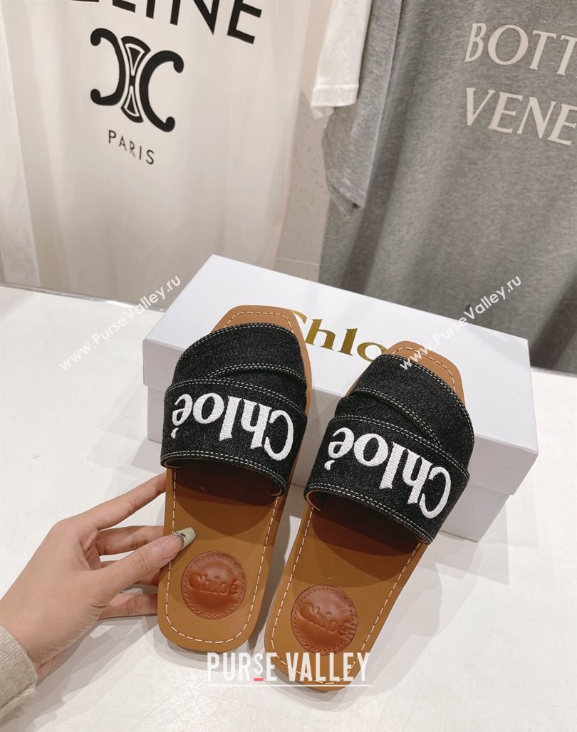 Chloe Woody Flat Slide Sandals with Embroidered Strap Denim Black/White 2 2024 (MD-240227124)