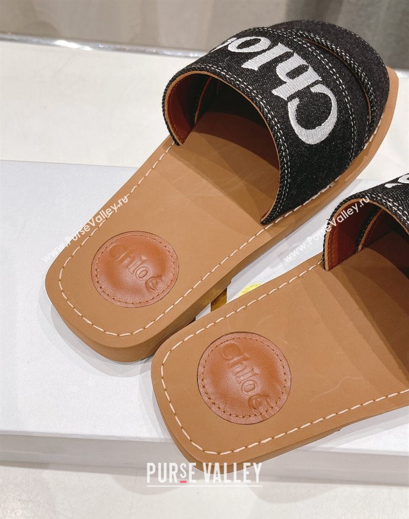 Chloe Woody Flat Slide Sandals with Embroidered Strap Denim Black/White 2 2024 (MD-240227124)