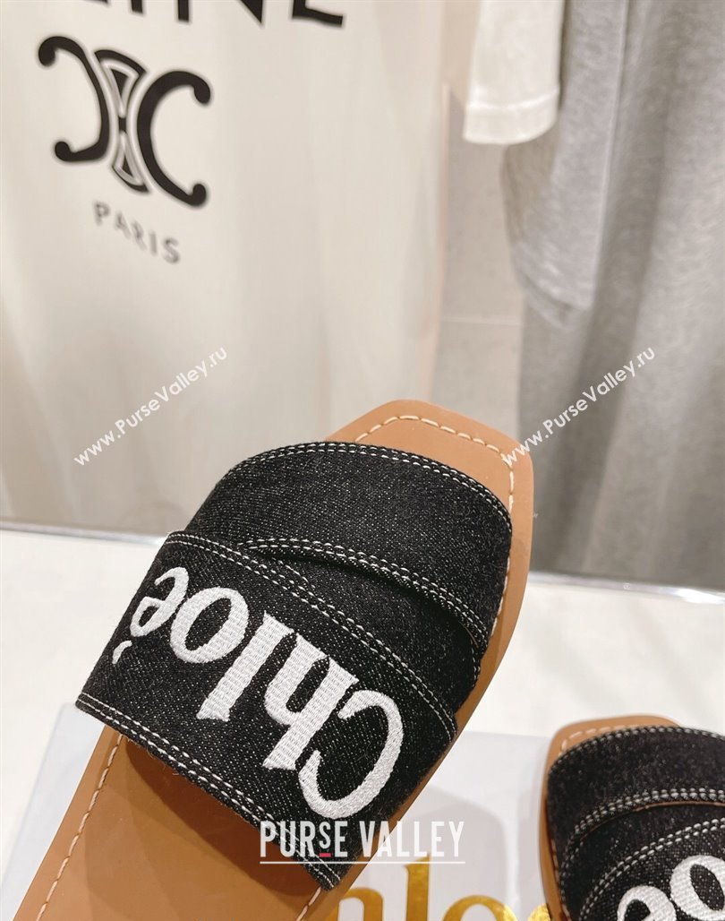 Chloe Woody Flat Slide Sandals with Embroidered Strap Denim Black/White 2 2024 (MD-240227124)