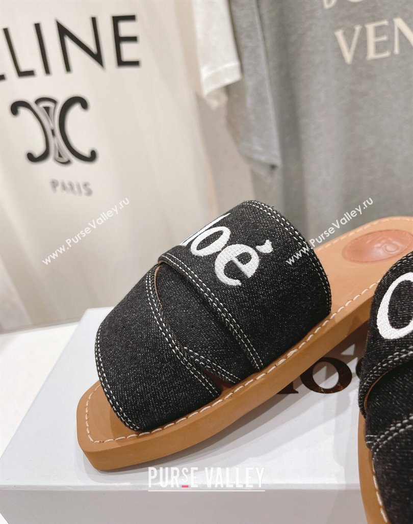 Chloe Woody Flat Slide Sandals with Embroidered Strap Denim Black/White 2 2024 (MD-240227124)