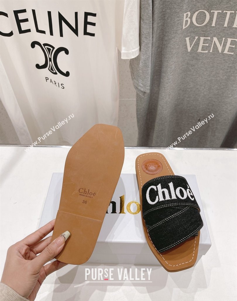 Chloe Woody Flat Slide Sandals with Embroidered Strap Denim Black/White 2 2024 (MD-240227124)