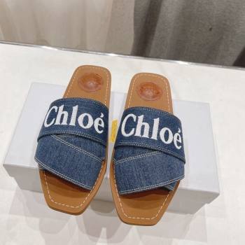 Chloe Woody Flat Slide Sandals with Embroidered Strap Denim Dark Blue 2024 (MD-240227125)