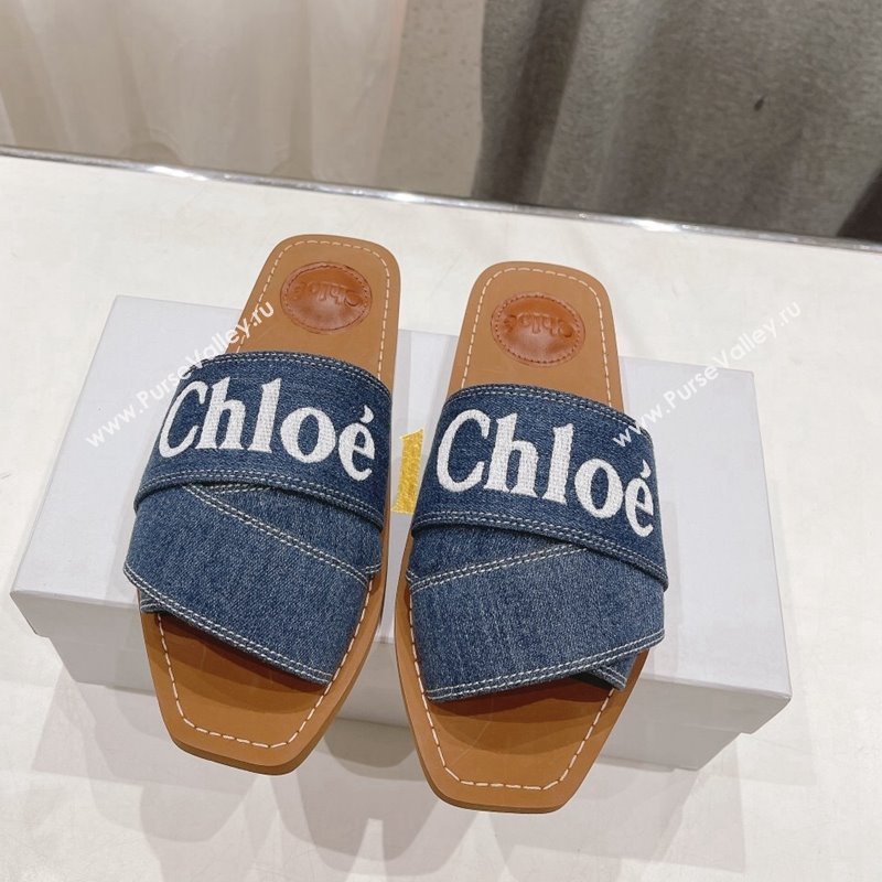 Chloe Woody Flat Slide Sandals with Embroidered Strap Denim Dark Blue 2024 (MD-240227125)
