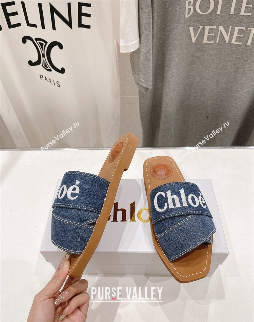 Chloe Woody Flat Slide Sandals with Embroidered Strap Denim Dark Blue 2024 (MD-240227125)