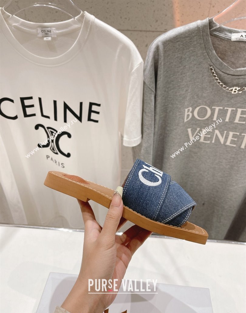 Chloe Woody Flat Slide Sandals with Embroidered Strap Denim Dark Blue 2024 (MD-240227125)