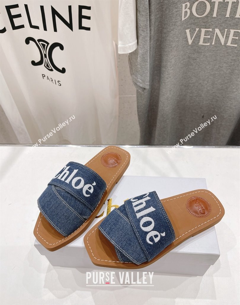 Chloe Woody Flat Slide Sandals with Embroidered Strap Denim Dark Blue 2024 (MD-240227125)