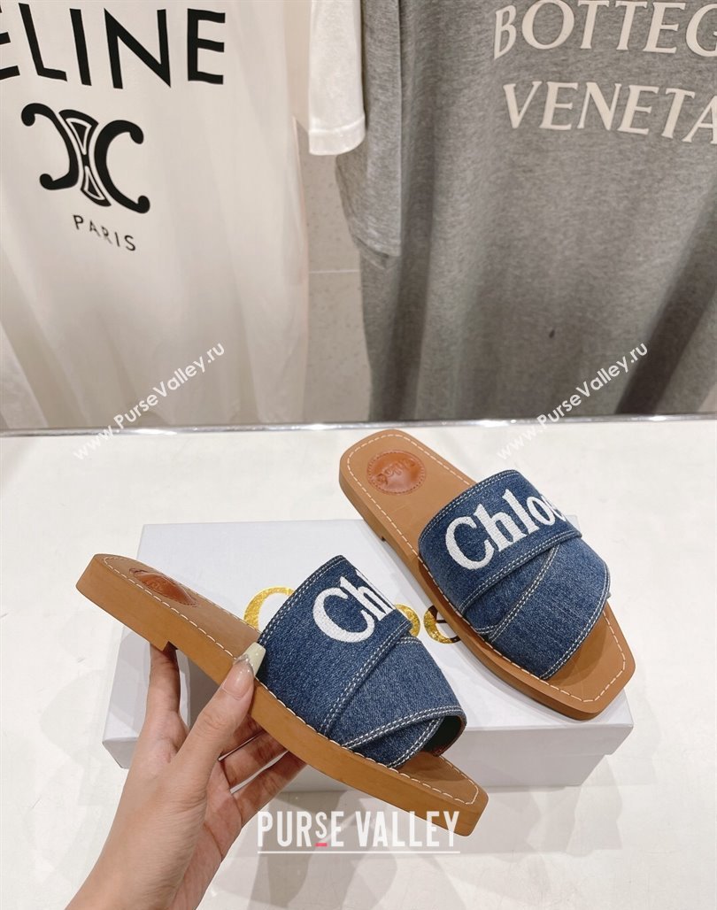 Chloe Woody Flat Slide Sandals with Embroidered Strap Denim Dark Blue 2024 (MD-240227125)