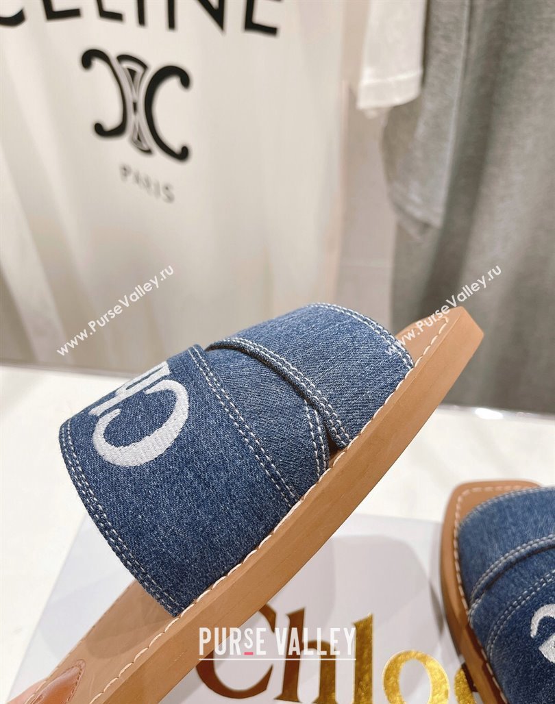 Chloe Woody Flat Slide Sandals with Embroidered Strap Denim Dark Blue 2024 (MD-240227125)