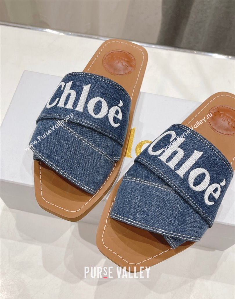 Chloe Woody Flat Slide Sandals with Embroidered Strap Denim Dark Blue 2024 (MD-240227125)