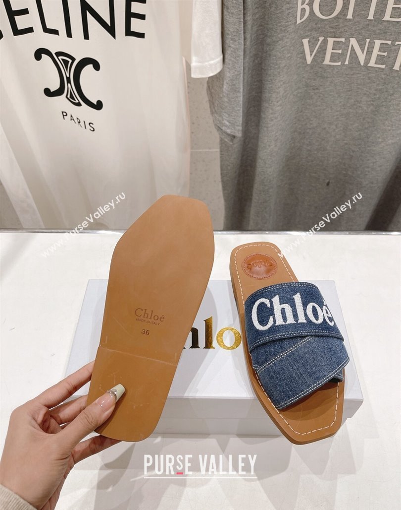 Chloe Woody Flat Slide Sandals with Embroidered Strap Denim Dark Blue 2024 (MD-240227125)