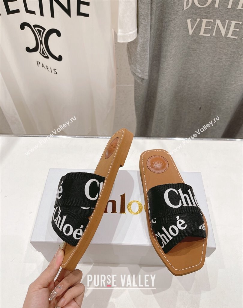 Chloe Woody Flat Slide Sandals in Original Ribbon Black/White 2024 (MD-240227130)