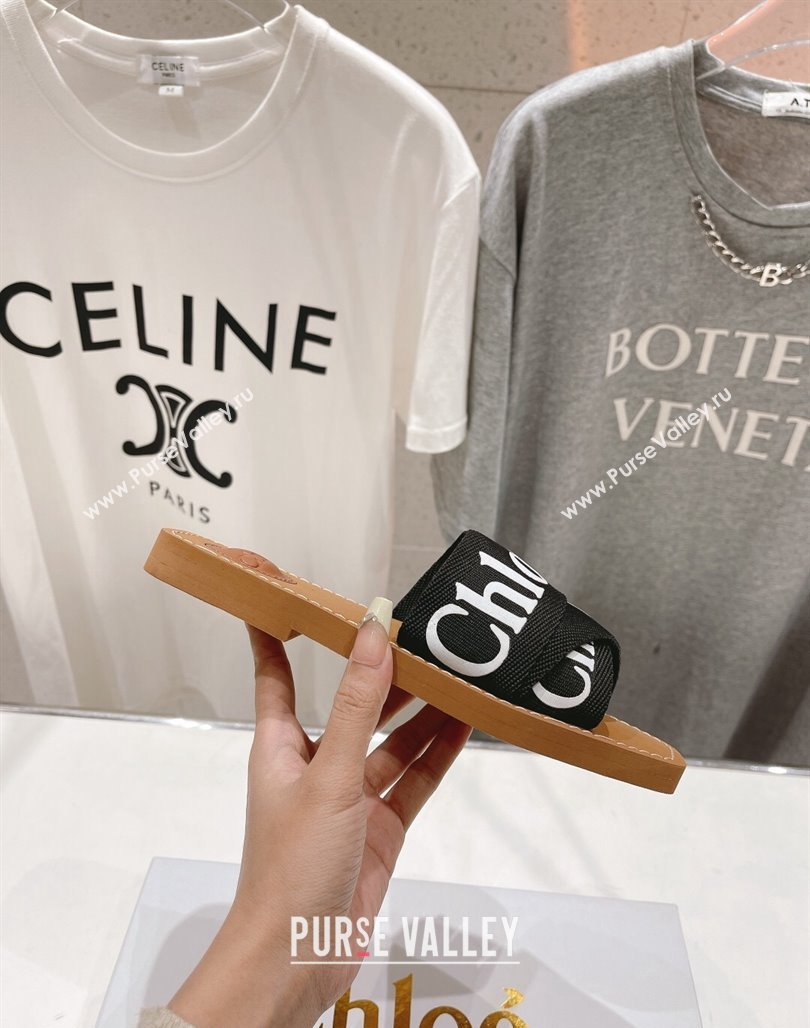 Chloe Woody Flat Slide Sandals in Original Ribbon Black/White 2024 (MD-240227130)