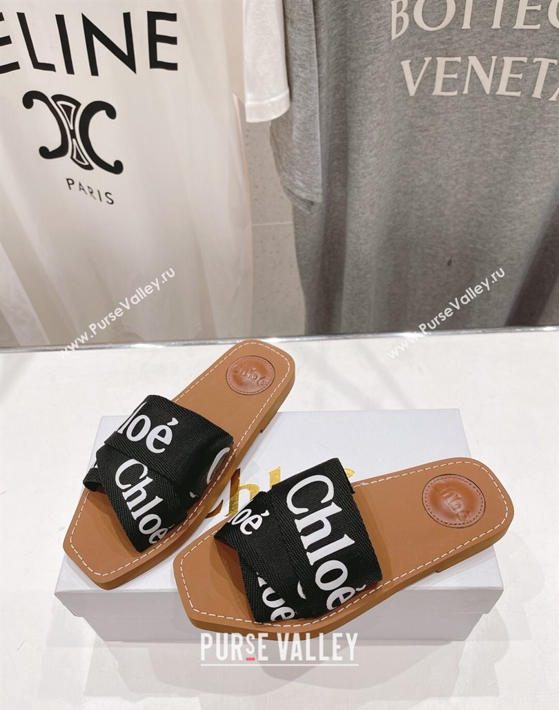 Chloe Woody Flat Slide Sandals in Original Ribbon Black/White 2024 (MD-240227130)