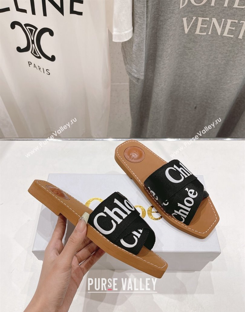 Chloe Woody Flat Slide Sandals in Original Ribbon Black/White 2024 (MD-240227130)