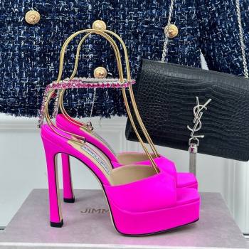 Jimmy Choo Saeda Sandal Platform 12.5cm in Satin with Crystals Ankle Strap Neon Pink 2024 (MD-240227103)