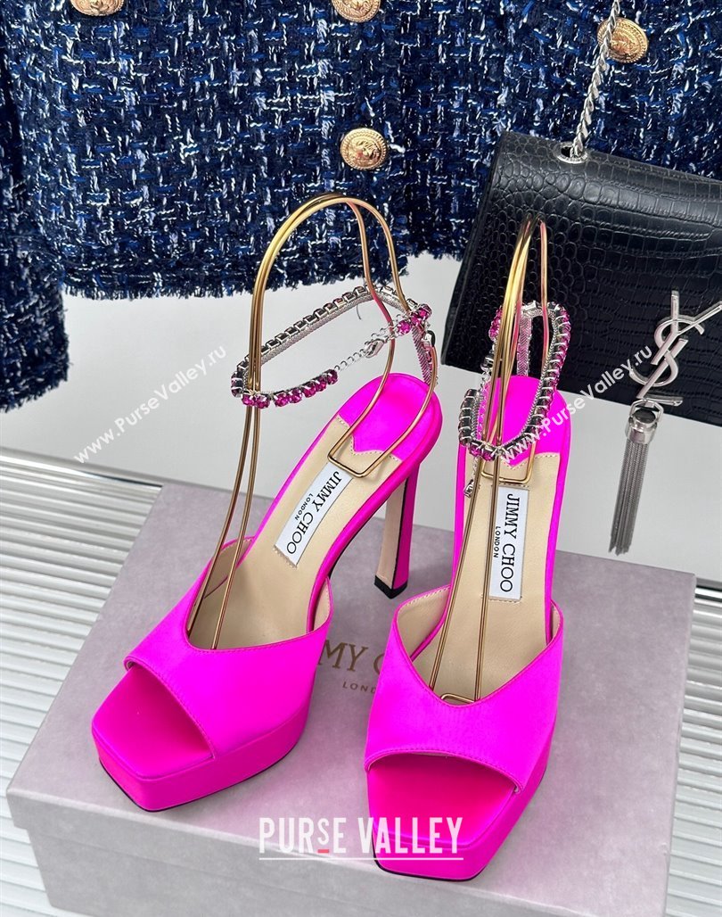 Jimmy Choo Saeda Sandal Platform 12.5cm in Satin with Crystals Ankle Strap Neon Pink 2024 (MD-240227103)