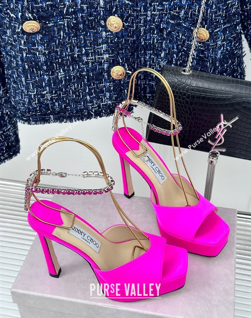 Jimmy Choo Saeda Sandal Platform 12.5cm in Satin with Crystals Ankle Strap Neon Pink 2024 (MD-240227103)