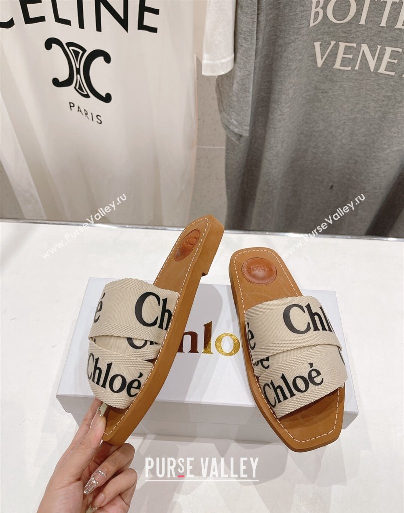 Chloe Woody Flat Slide Sandals in Original Ribbon Light Beige/Black 2024 (MD-240227134)