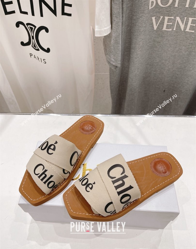 Chloe Woody Flat Slide Sandals in Original Ribbon Light Beige/Black 2024 (MD-240227134)
