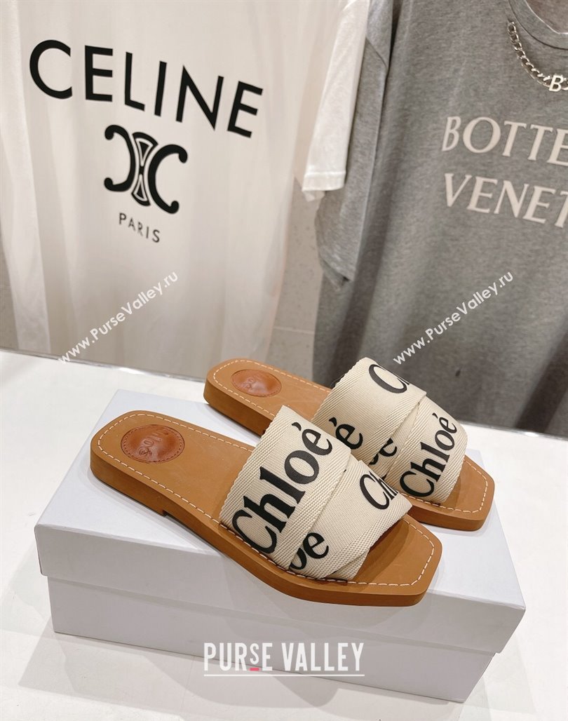 Chloe Woody Flat Slide Sandals in Original Ribbon Light Beige/Black 2024 (MD-240227134)