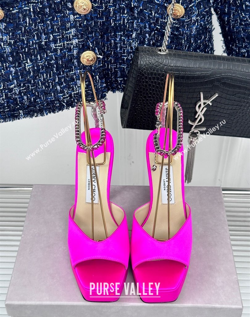 Jimmy Choo Saeda Sandal Platform 12.5cm in Satin with Crystals Ankle Strap Neon Pink 2024 (MD-240227103)