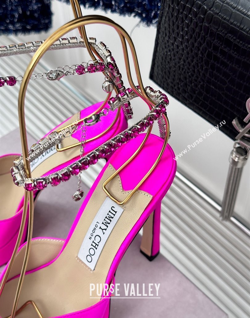 Jimmy Choo Saeda Sandal Platform 12.5cm in Satin with Crystals Ankle Strap Neon Pink 2024 (MD-240227103)