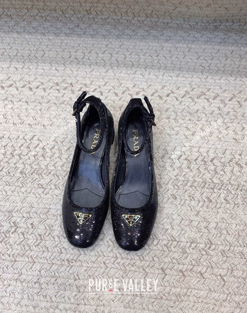 Prada Sequined satin pumps 3.5cm Black 2024 0228 (KL-240228052)
