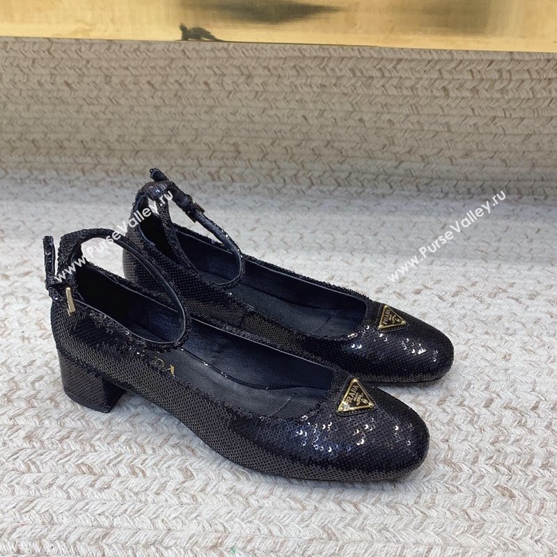 Prada Sequined satin pumps 3.5cm Black 2024 0228 (KL-240228052)