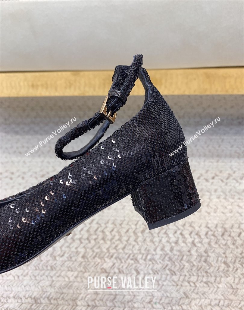 Prada Sequined satin pumps 3.5cm Black 2024 0228 (KL-240228052)