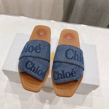 Chloe Woody Flat Slide Sandals with Embroidered Strap Denim Blue 2 2024 (MD-240227118)