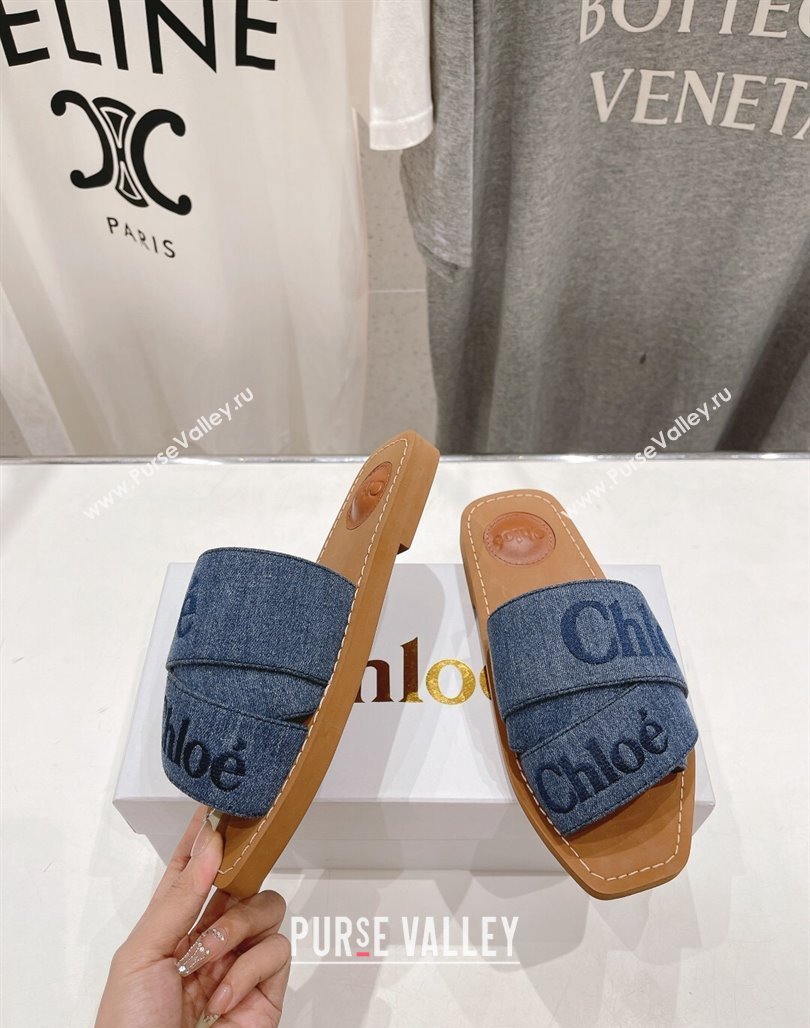 Chloe Woody Flat Slide Sandals with Embroidered Strap Denim Blue 2 2024 (MD-240227118)