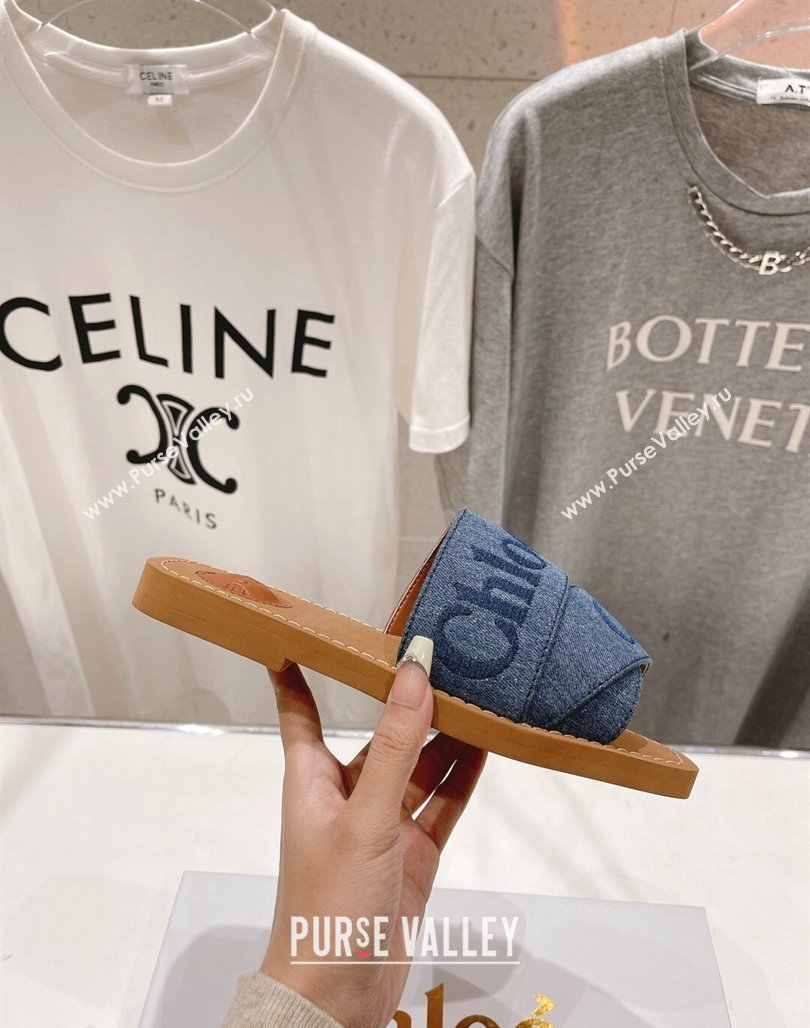 Chloe Woody Flat Slide Sandals with Embroidered Strap Denim Blue 2 2024 (MD-240227118)