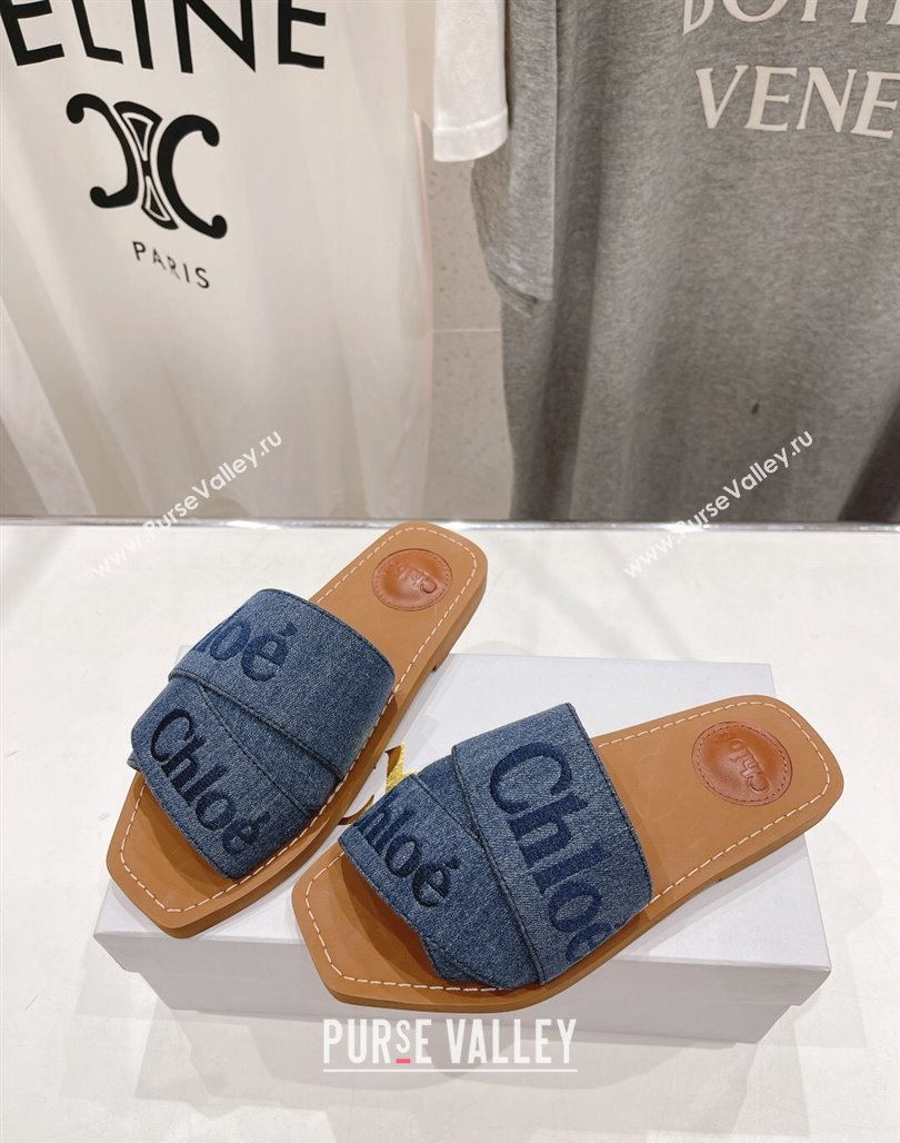 Chloe Woody Flat Slide Sandals with Embroidered Strap Denim Blue 2 2024 (MD-240227118)
