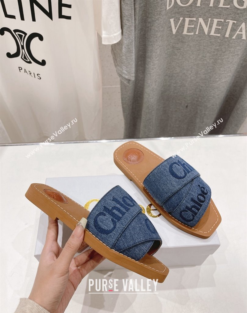 Chloe Woody Flat Slide Sandals with Embroidered Strap Denim Blue 2 2024 (MD-240227118)