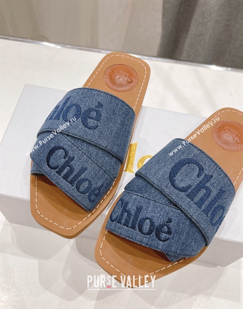 Chloe Woody Flat Slide Sandals with Embroidered Strap Denim Blue 2 2024 (MD-240227118)