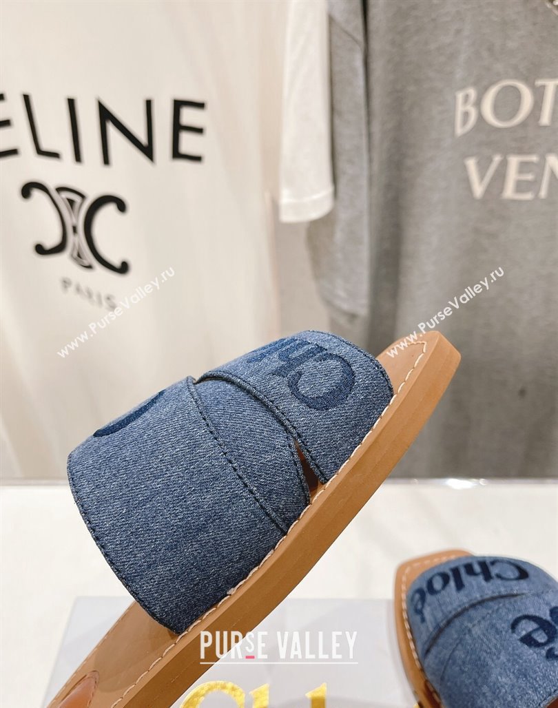 Chloe Woody Flat Slide Sandals with Embroidered Strap Denim Blue 2 2024 (MD-240227118)