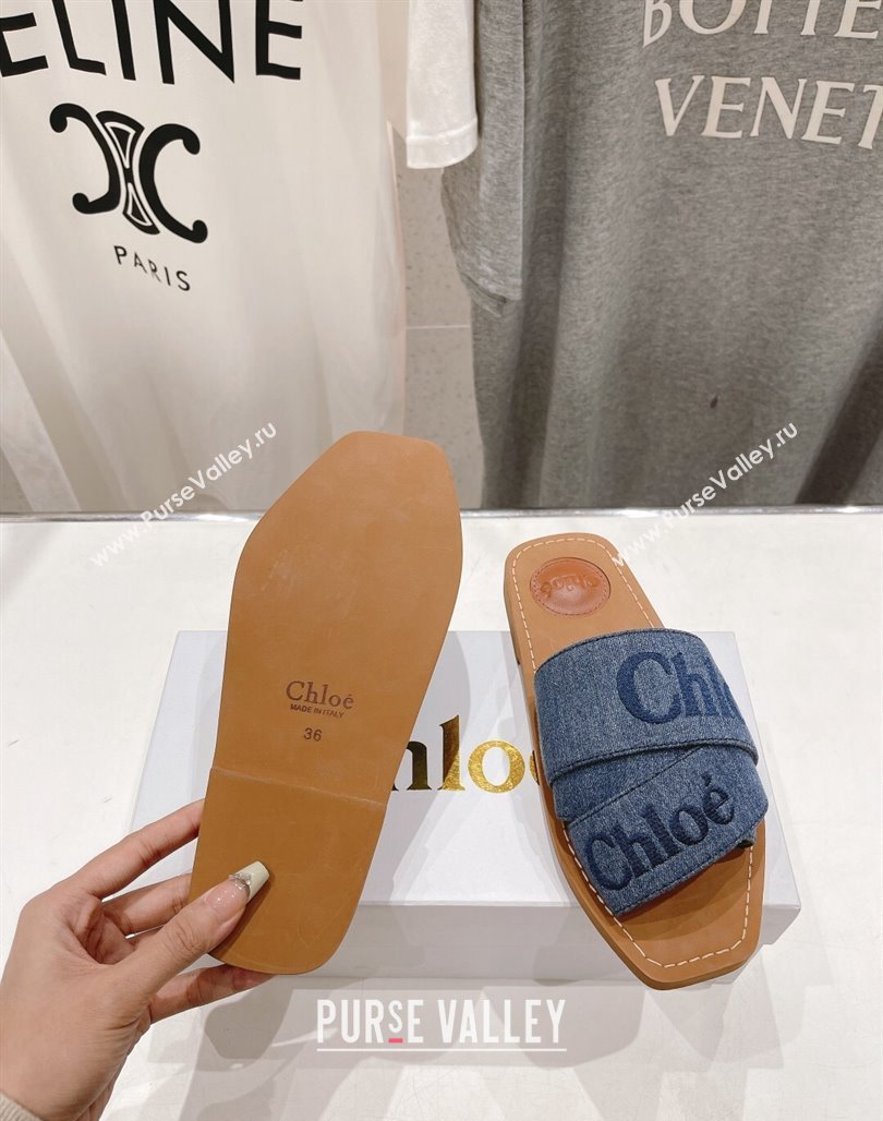 Chloe Woody Flat Slide Sandals with Embroidered Strap Denim Blue 2 2024 (MD-240227118)