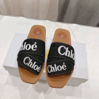 Chloe Woody Flat Slide Sandals with Embroidered Strap Denim Black/White 1 2024 (MD-240227119)