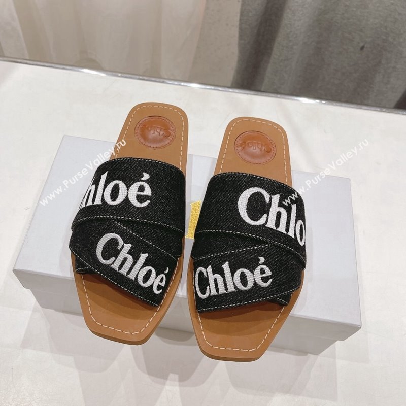 Chloe Woody Flat Slide Sandals with Embroidered Strap Denim Black/White 1 2024 (MD-240227119)