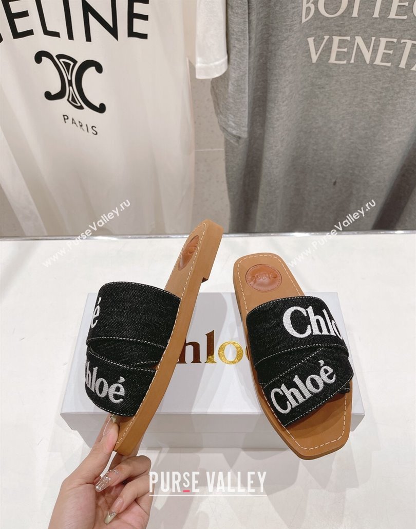 Chloe Woody Flat Slide Sandals with Embroidered Strap Denim Black/White 1 2024 (MD-240227119)