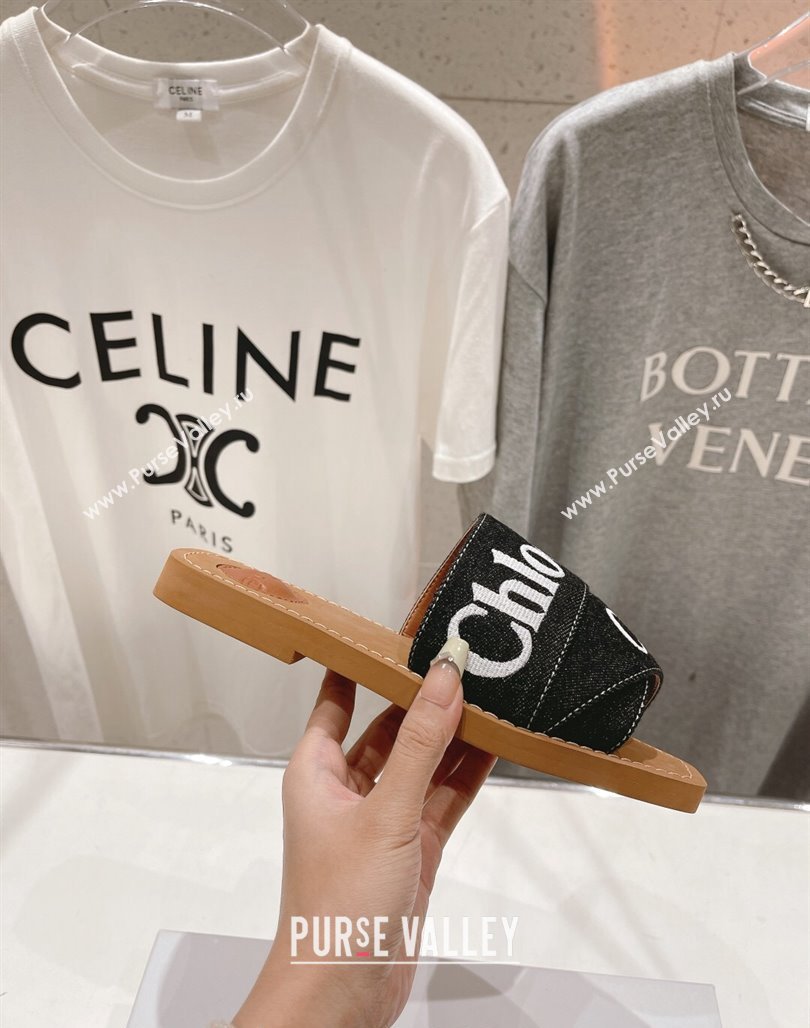 Chloe Woody Flat Slide Sandals with Embroidered Strap Denim Black/White 1 2024 (MD-240227119)