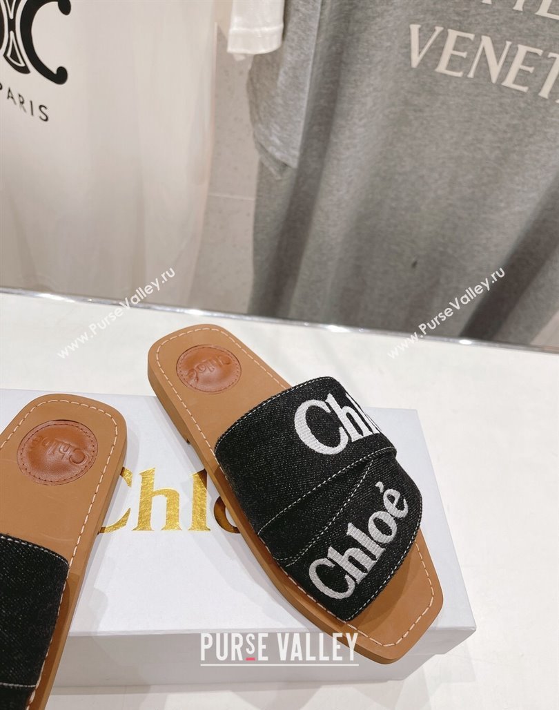 Chloe Woody Flat Slide Sandals with Embroidered Strap Denim Black/White 1 2024 (MD-240227119)