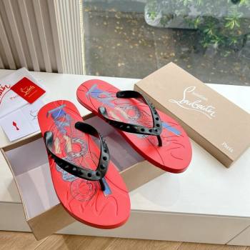 Christian Louboutin Mens Rubber Flat Thong Slide Sandal Red/Print 2024 G125 (KL-240612138)