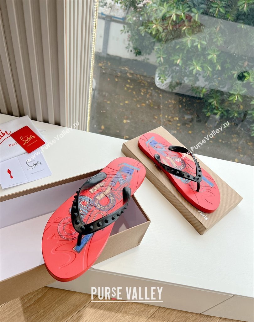 Christian Louboutin Mens Rubber Flat Thong Slide Sandal Red/Print 2024 G125 (KL-240612138)