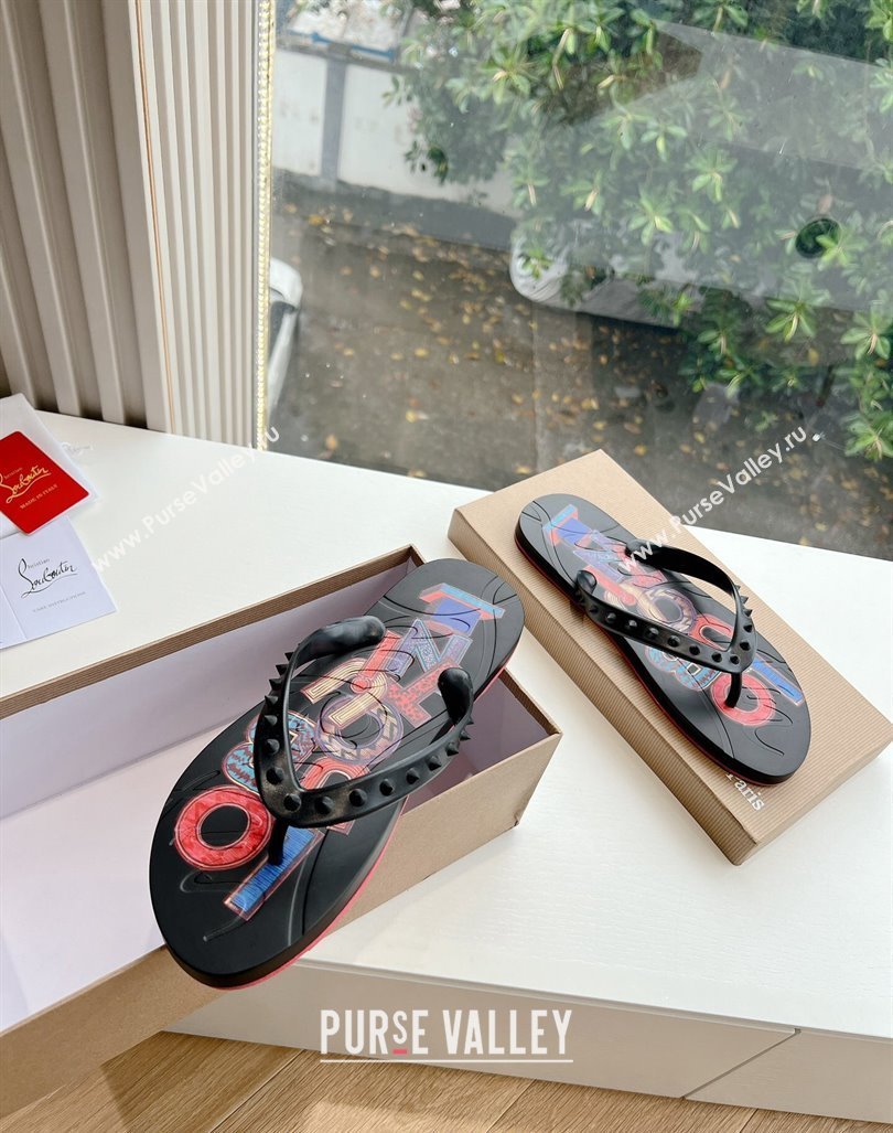 Christian Louboutin Mens Rubber Flat Thong Slide Sandal Black/Print 2024 G125 (KL-240612139)