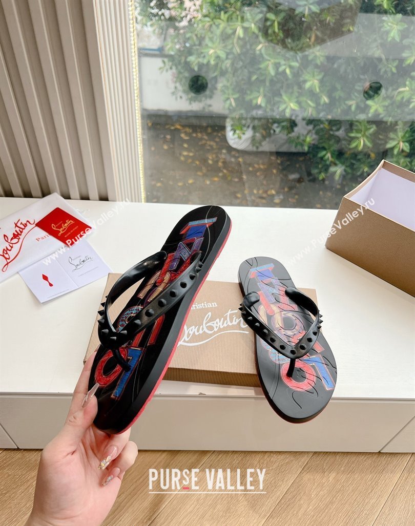 Christian Louboutin Mens Rubber Flat Thong Slide Sandal Black/Print 2024 G125 (KL-240612139)