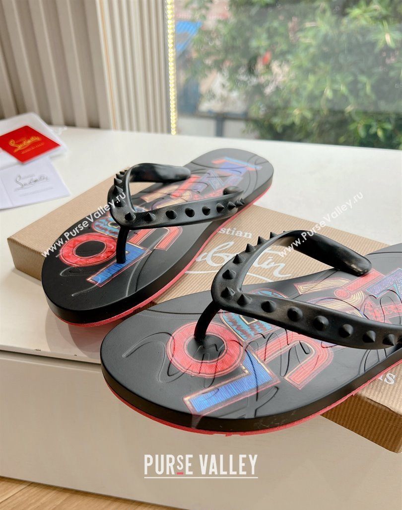 Christian Louboutin Mens Rubber Flat Thong Slide Sandal Black/Print 2024 G125 (KL-240612139)